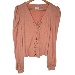 Peach Love Womens Peach Lace Up Front Puff Sleeve Corset Style Top Size Large